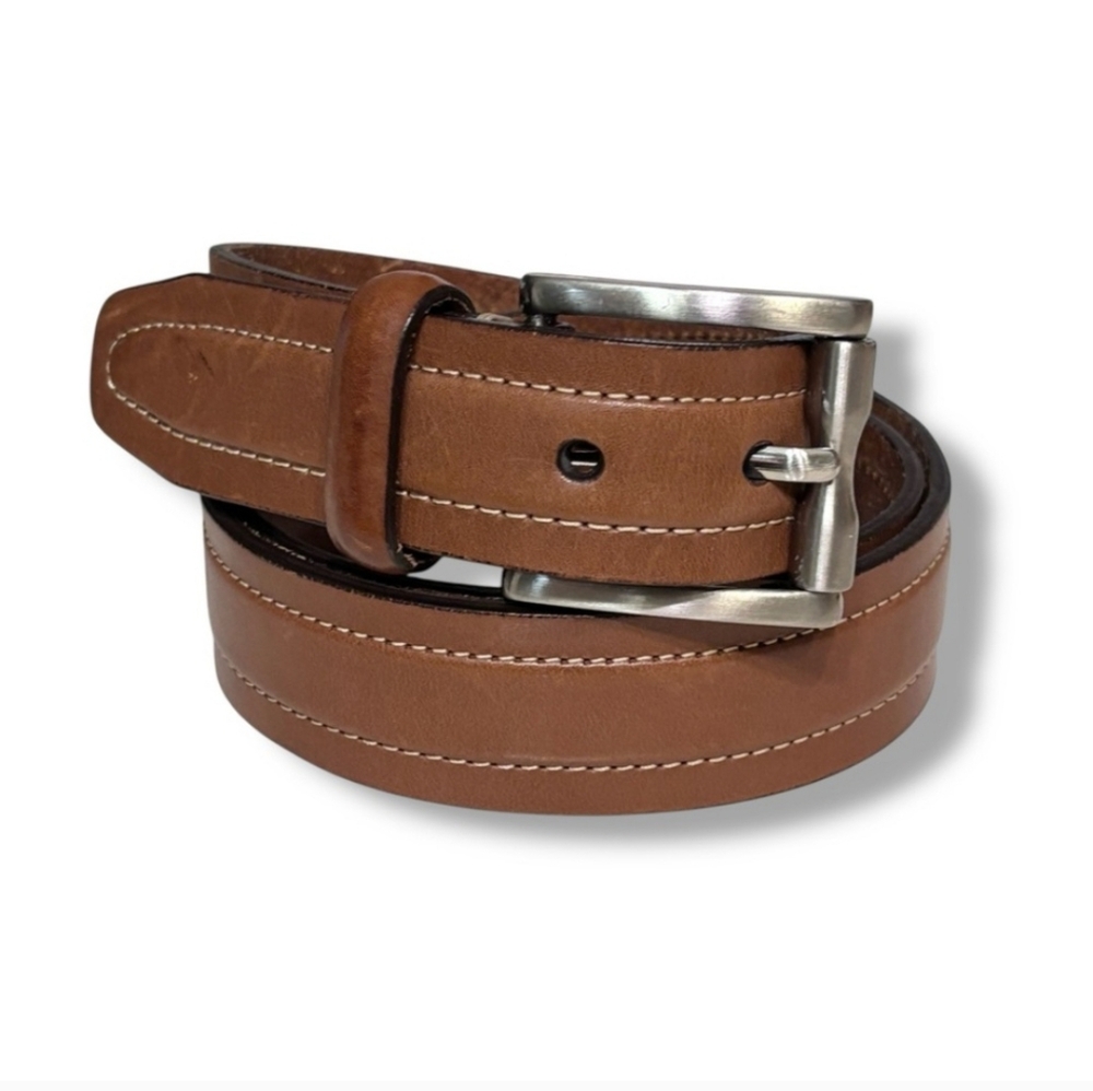 COLE HAAN 32mm Brown Burnished Leather Belt Contrast Stitching Size 38